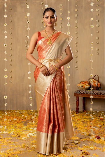 ORANGISH RED KANJIVARAM ZARI WOVEN SILK SAREE