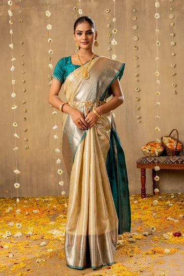 OFF WHITE KANJIVARAM ZARI WOVEN SILK SAREE