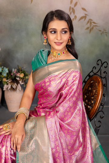 Pink kanjivaram zari woven silk saree