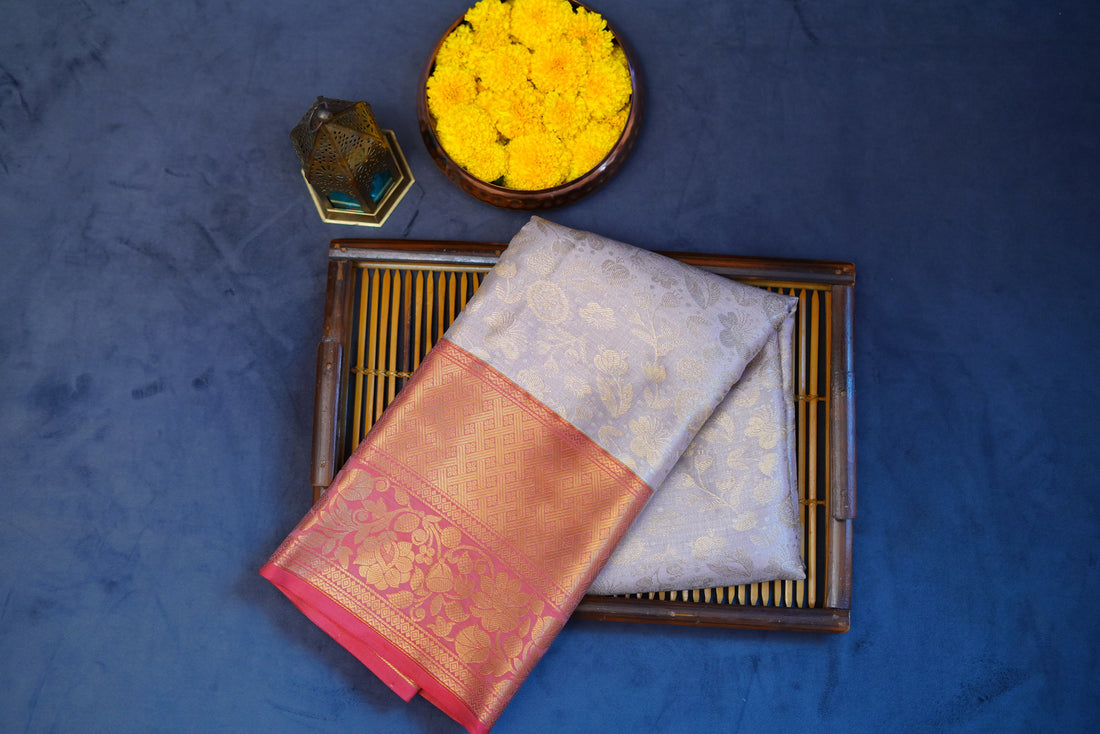 Cream kanjivaram zari woven silk saree