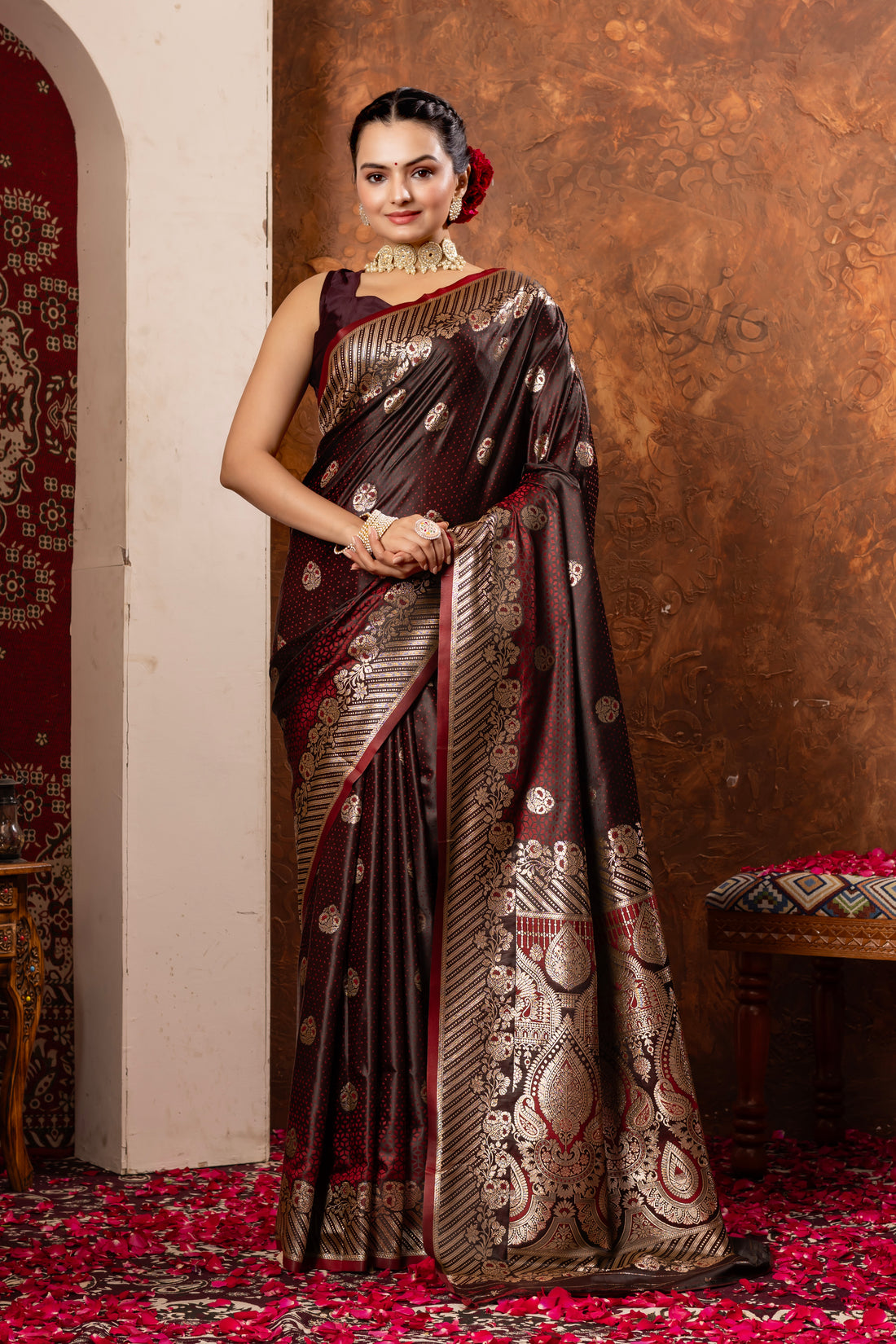 Maroonish Red Banarasi Silk Saree