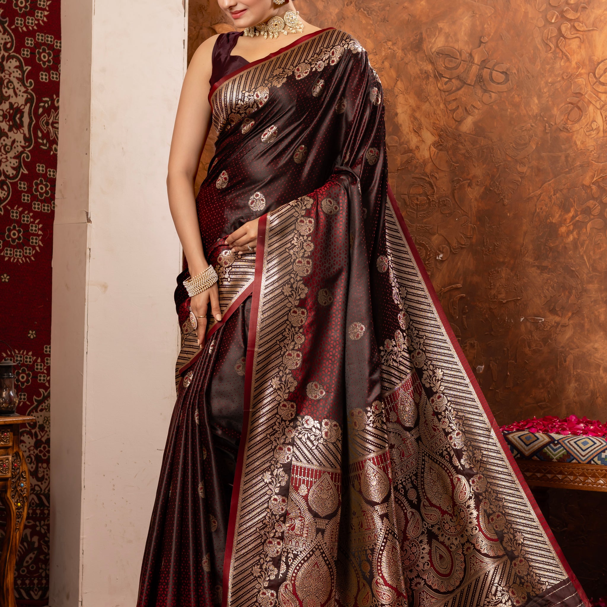 Maroonish Red Banarasi Silk Saree