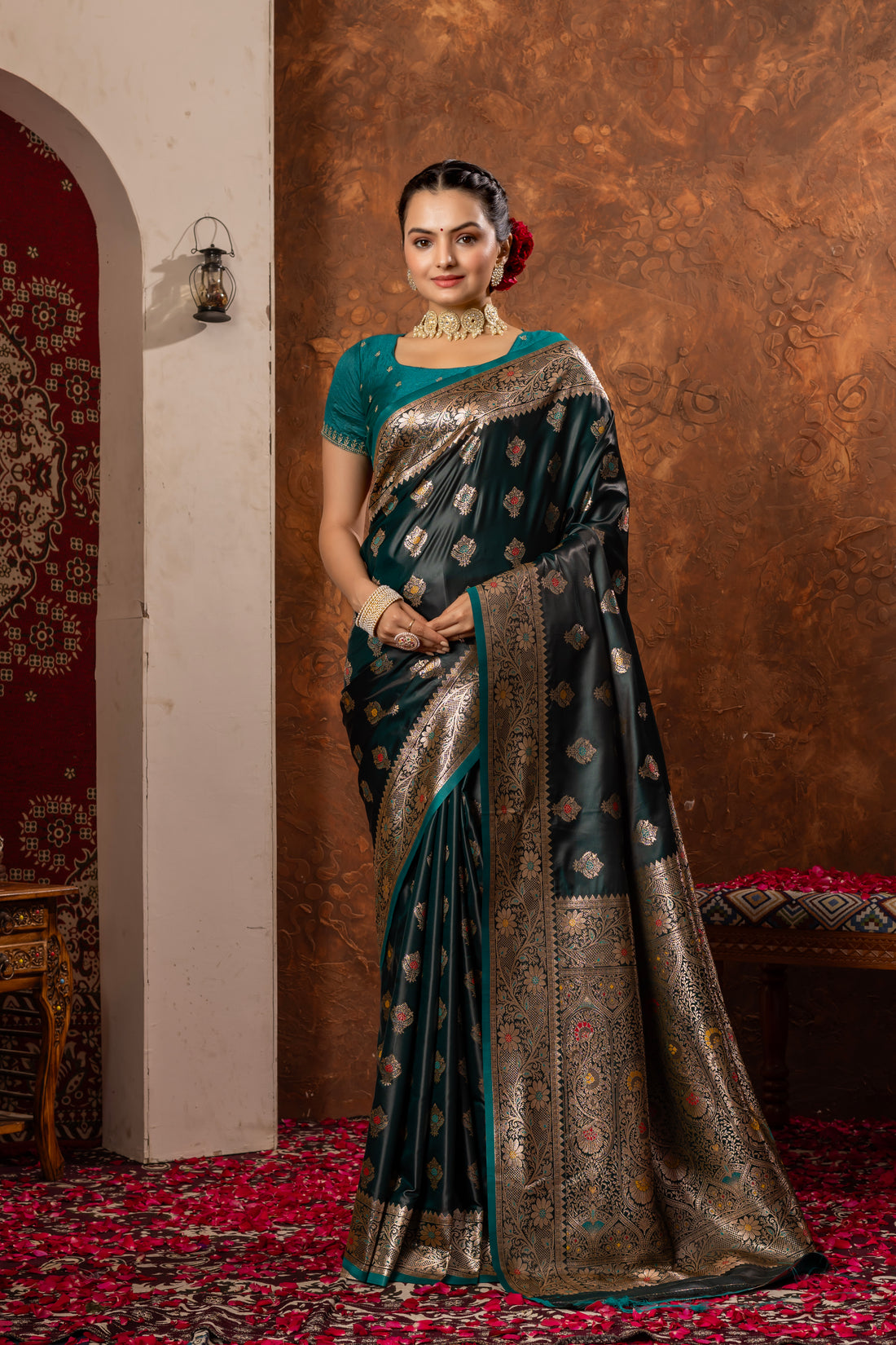 TEAL GREEN  MEENAKARI BANARASI SILK SAREE