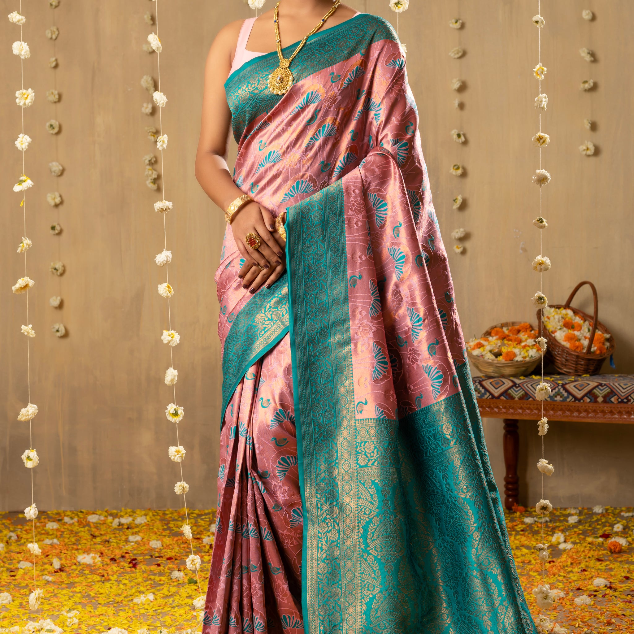 BABY PINK MEENAKARI KANJIVARAM SILK SAREE