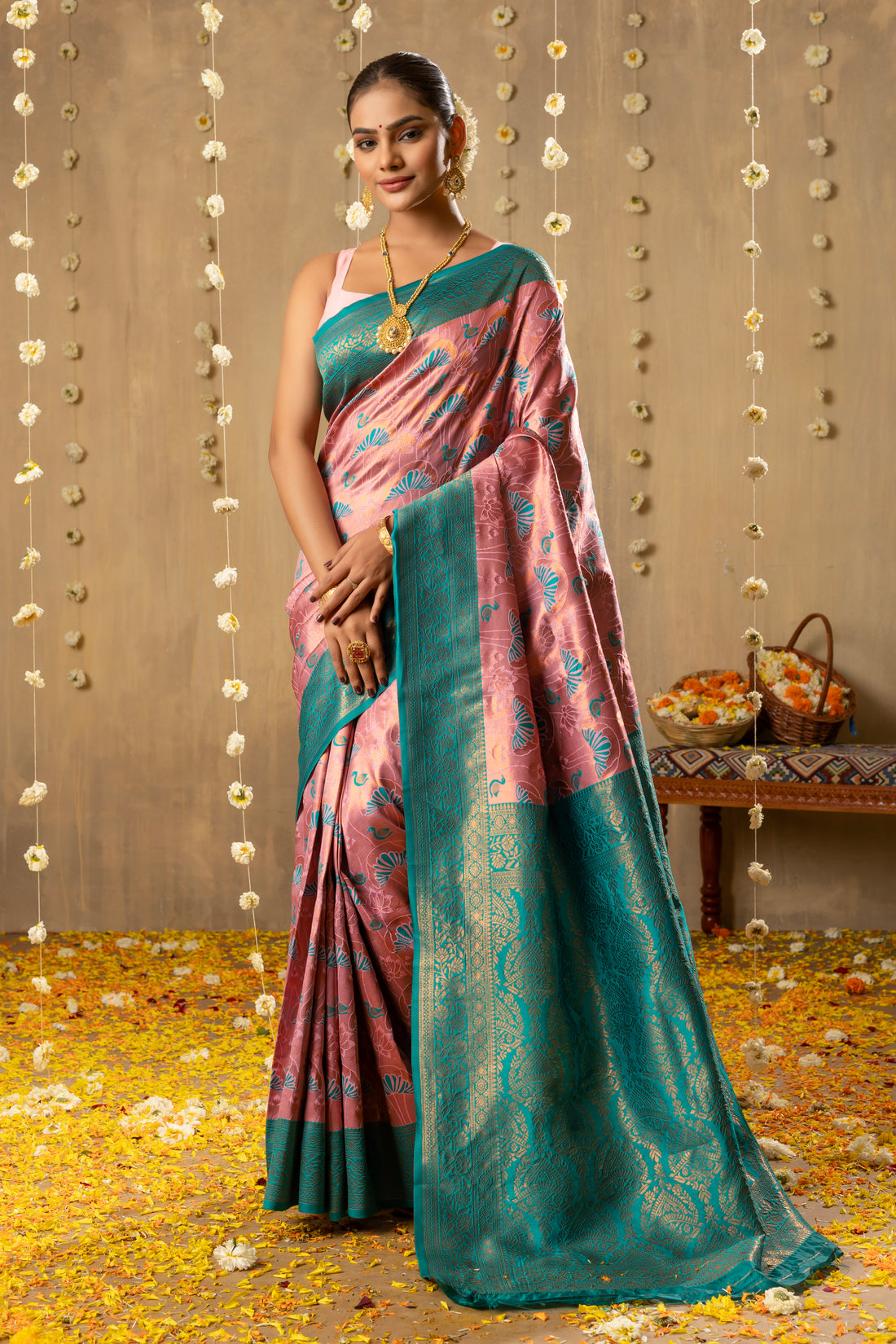 BABY PINK MEENAKARI KANJIVARAM SILK SAREE