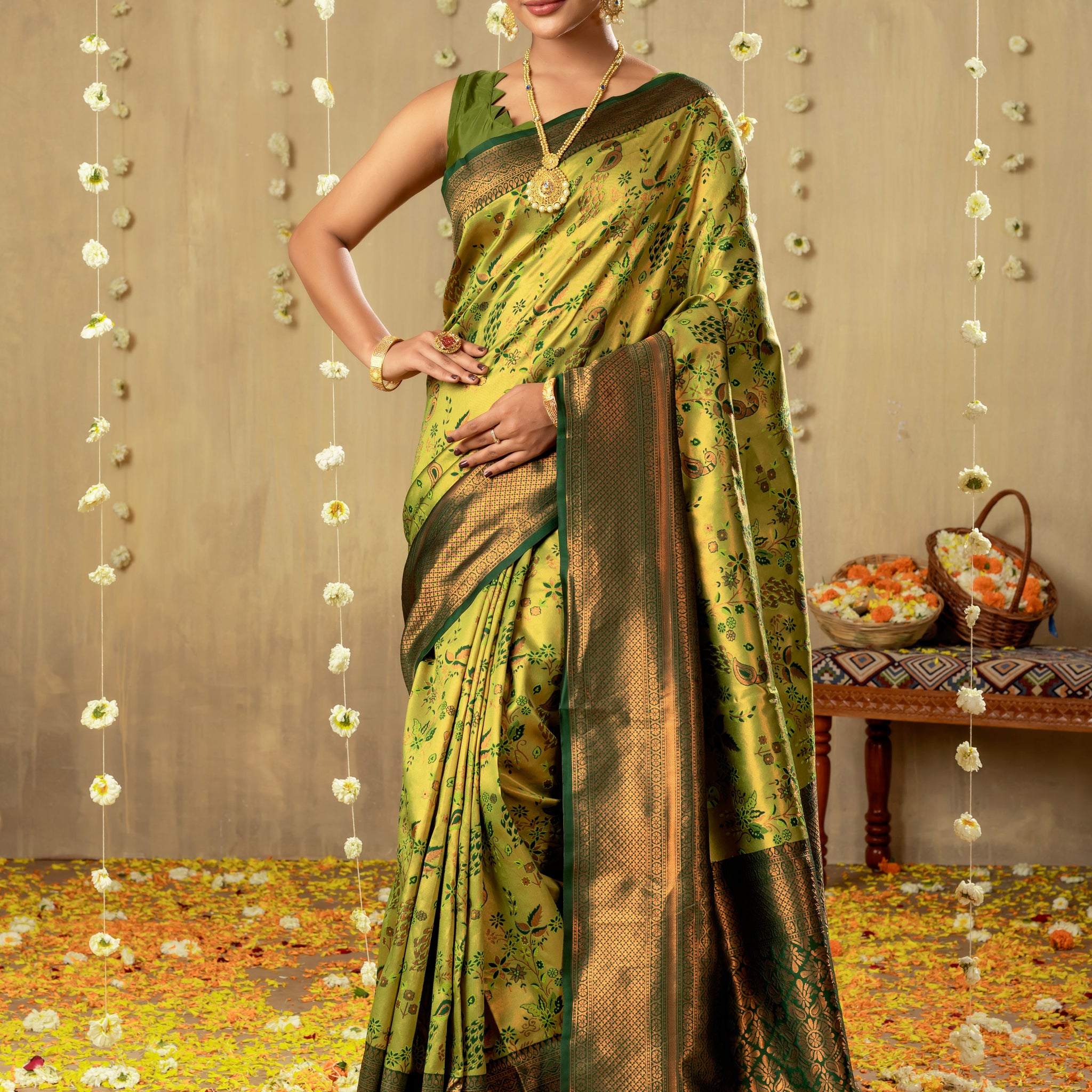 LIGHT GREEN MEENAKARI SILK SAREE