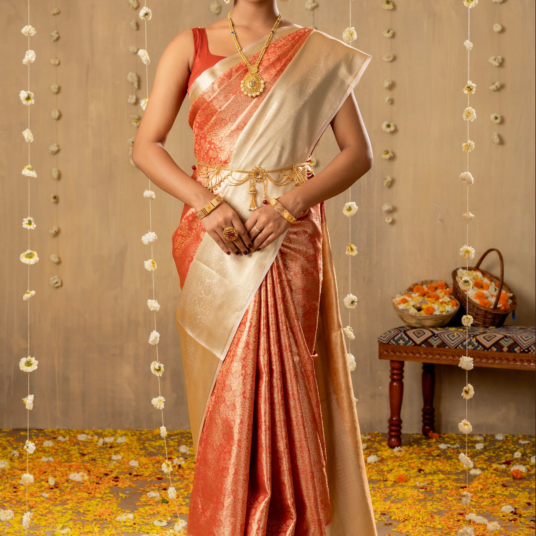 ORANGISH RED KANJIVARAM ZARI WOVEN SILK SAREE