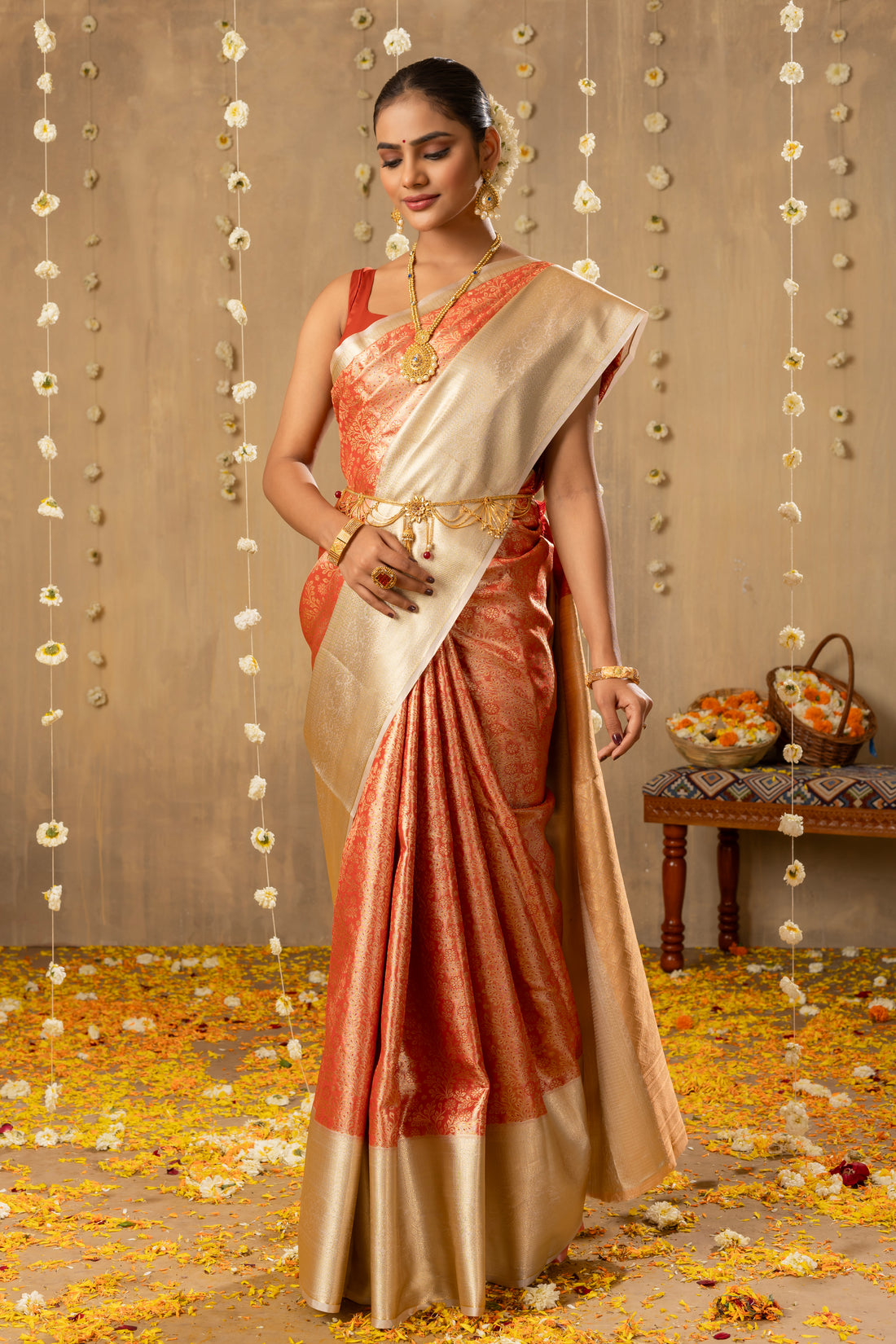 ORANGISH RED KANJIVARAM ZARI WOVEN SILK SAREE