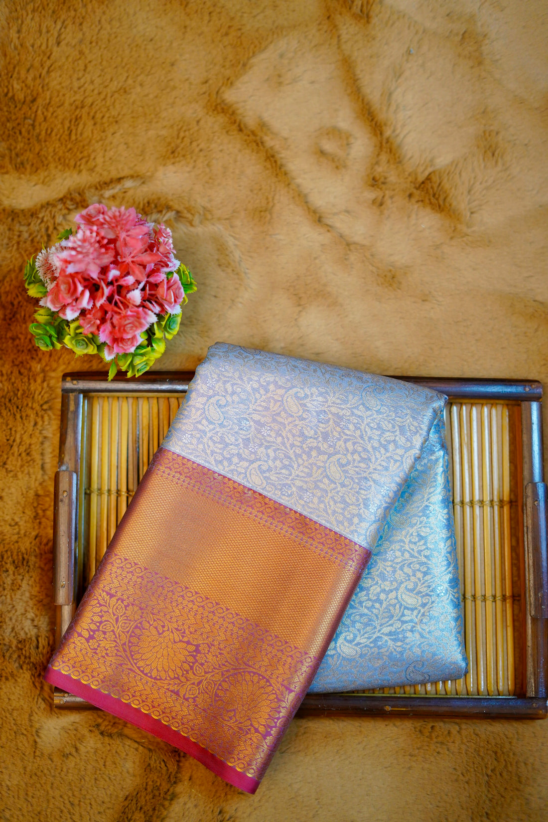 Lite blue kanjivaram zari woven silk saree