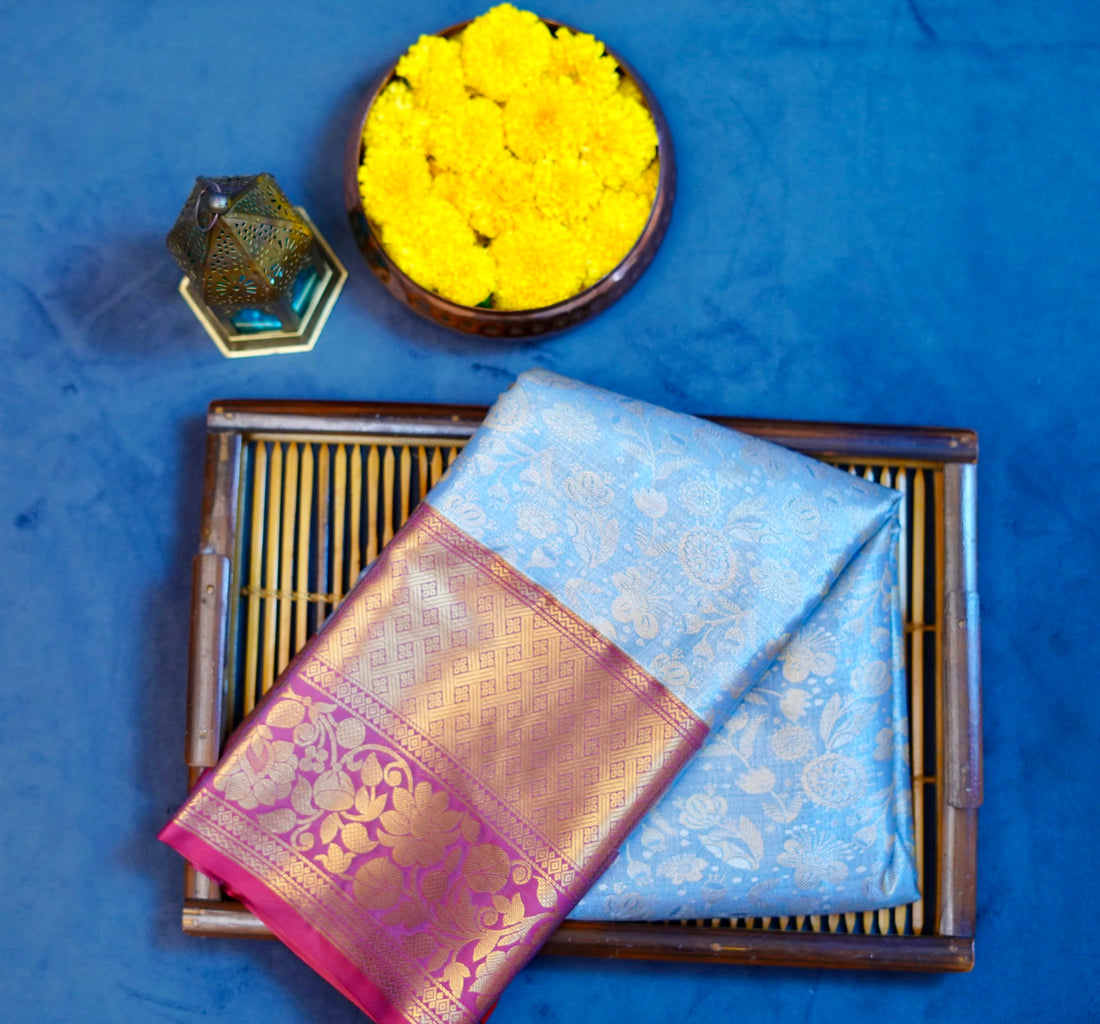 Ash grey kanjivaram zari woven silk saree