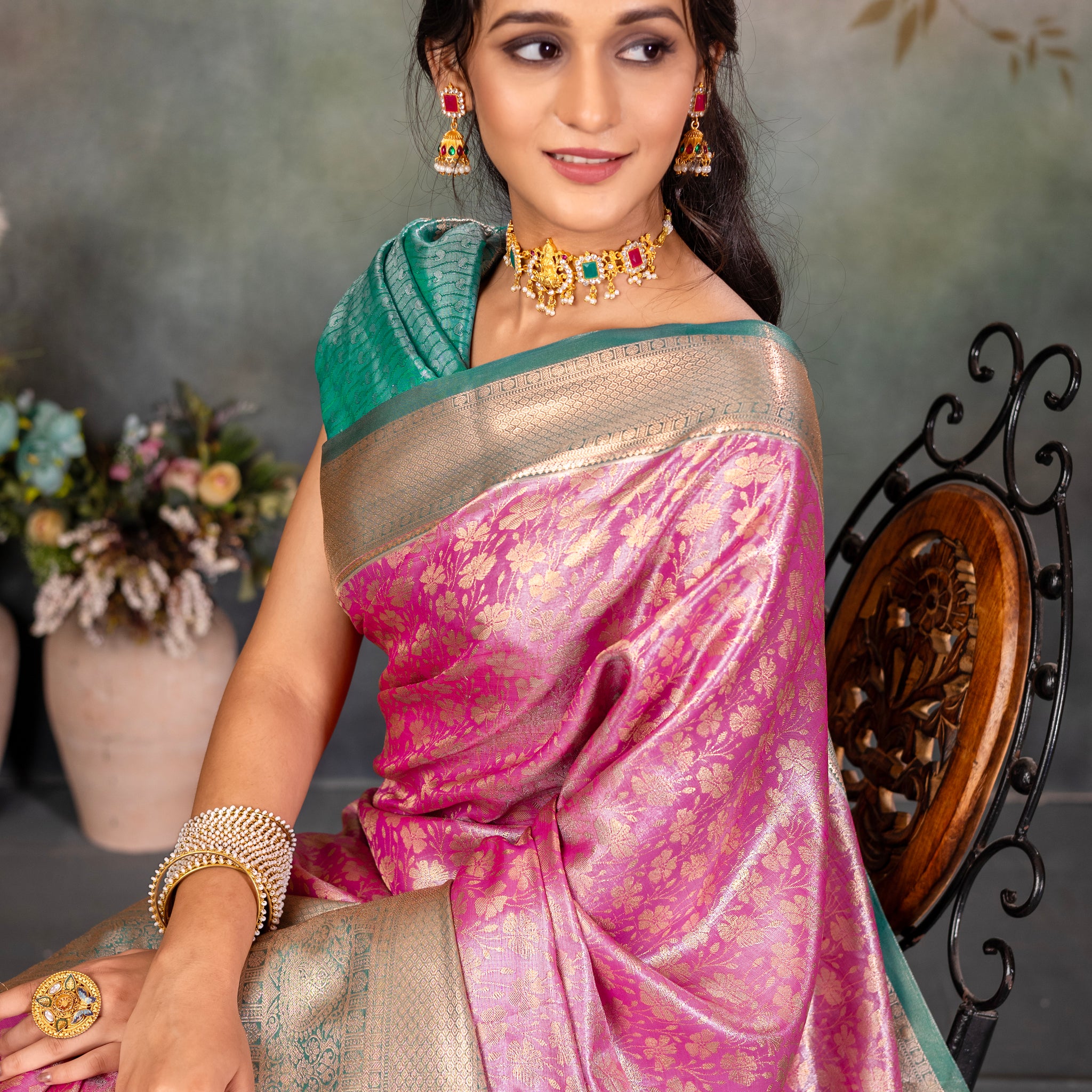 Pink kanjivaram zari woven silk saree