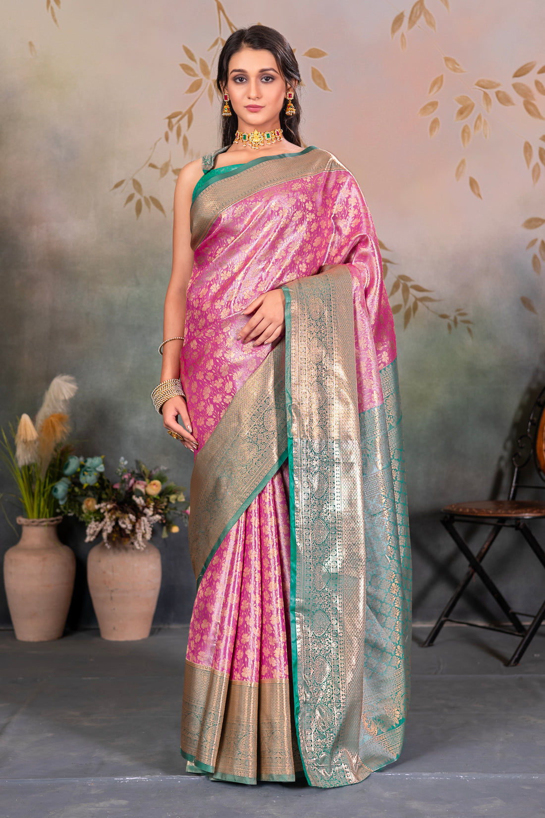 Pink kanjivaram zari woven silk saree