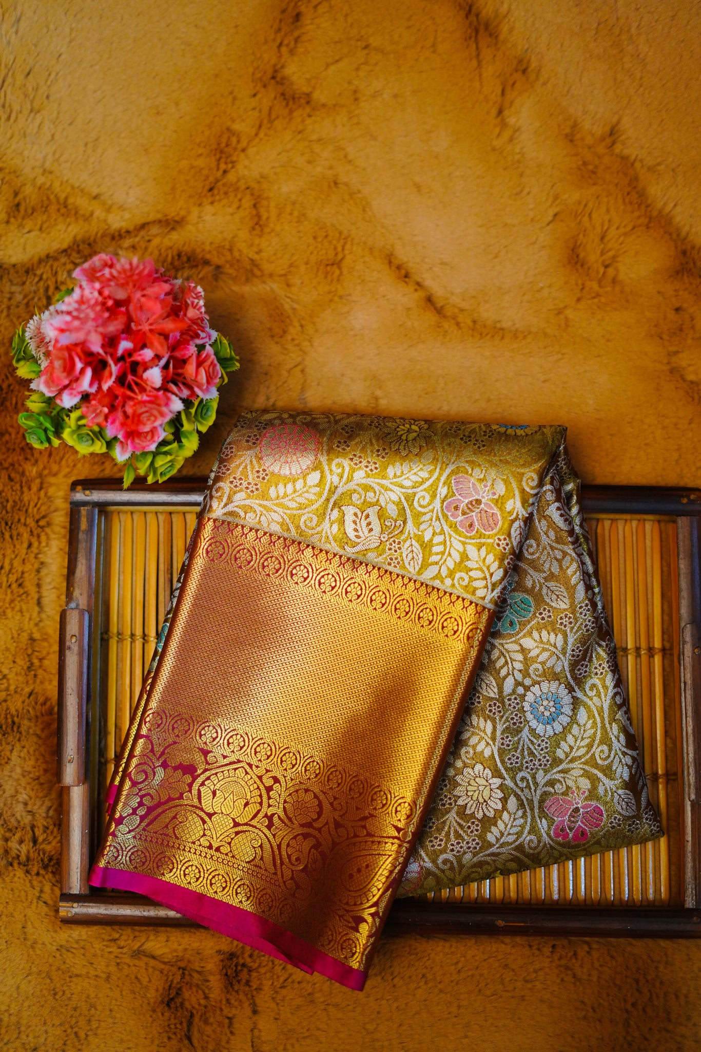 Golden meenakari kanjivaram zari woven silk saree